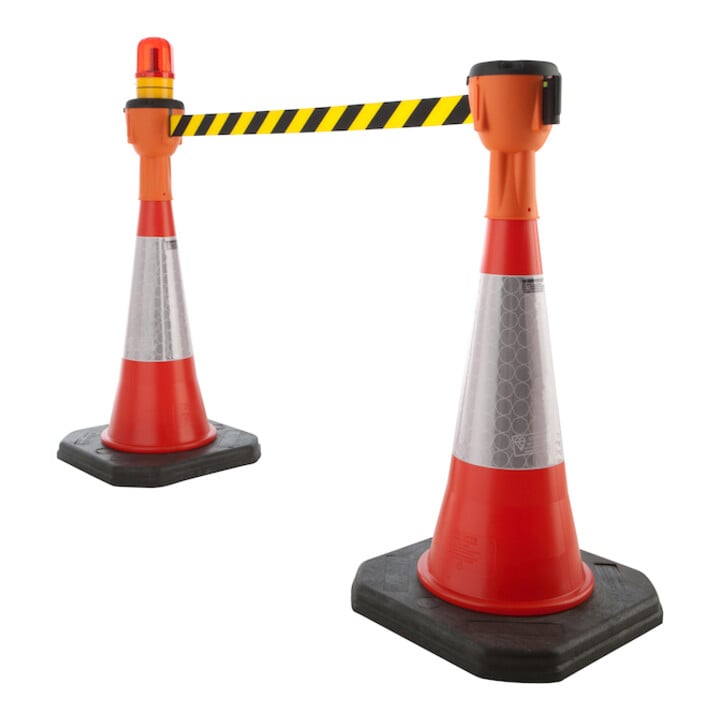 RS-GUIDESYSTEMS Leitkegelaufsatz orange, Gurtlänge: 9m Gurt: schwarz-gelb, diagonal gestreift