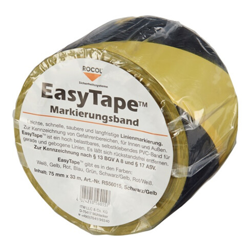 Ruban de marquage de sol Easy Tape PVC noir/jaune L. 33 m l. 75 mm Rouleau ROCOL