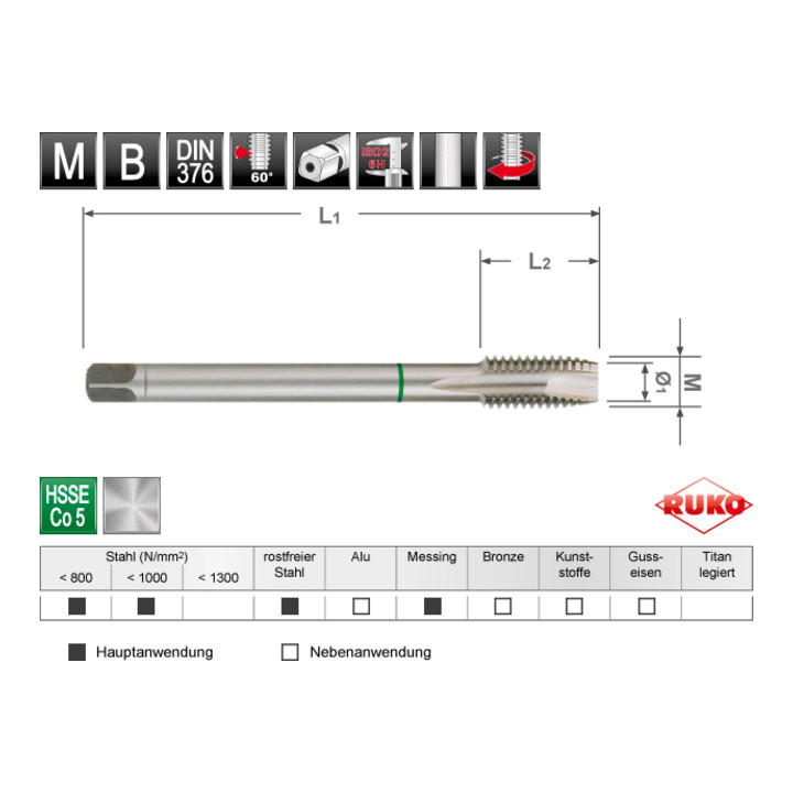 RUKO 7-delige machinetapboor HSS Co 5 Form B