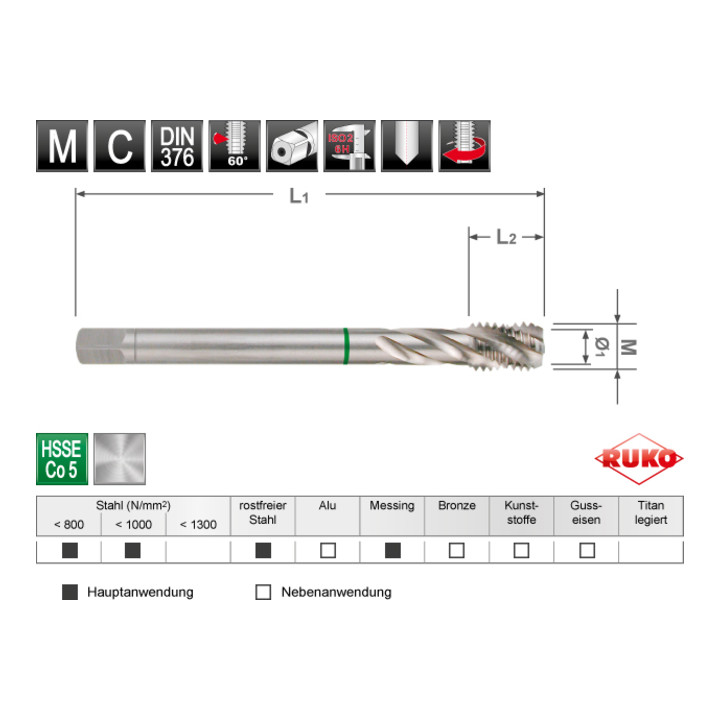 RUKO 7-teiliger Maschinengewindebohrer-Satz HSS Form C 35°