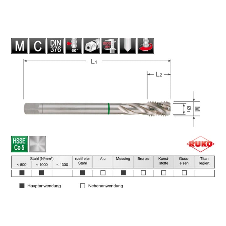 RUKO 7-teiliger Maschinengewindebohrer-Satz HSS Form C 35°