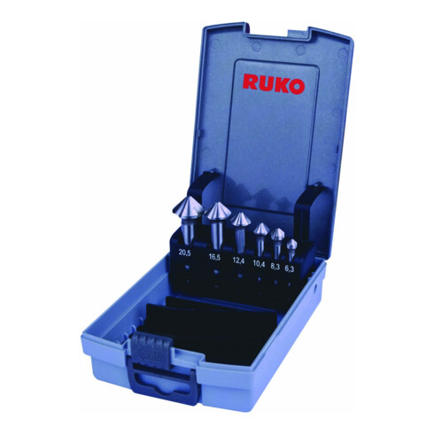 RUKO Conische en ontbramingsverzinkboren DIN 335 vorm C 90° HSS Co 5 in ABS kunststof koffer