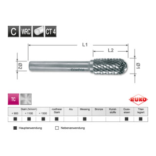 Ruko Fraises limes carbure, denture croisée Forme C cylindrique, bout rond Ø 16,0 mm