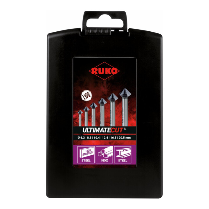 RUKO Jeu de fraises coniques et alésoirs ULTIMATECUT DIN 335 Forme C 90° HSS Co 5 RUnaTEC en coffret ABS 6,3 - 20,5 mm
