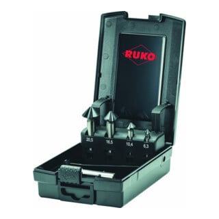 RUKO Jeu de fraises coniques et ébavureuses ULTIMATECUT DIN 335 Forme C 90° HSS Co 5 RUnaTEC en coffret ABS 6,3 - 25 mm