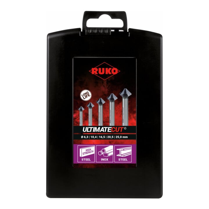 RUKO Jeu de fraises coniques et ébavureuses ULTIMATECUT DIN 335 Forme C 90° HSS Co 5 RUnaTEC en coffret ABS 6,3 - 25 mm