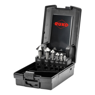 RUKO Jeu de fraises coniques et ébavureuses ULTIMATECUT DIN 335 Forme C 90° HSS en coffret ABS 6 pièces
