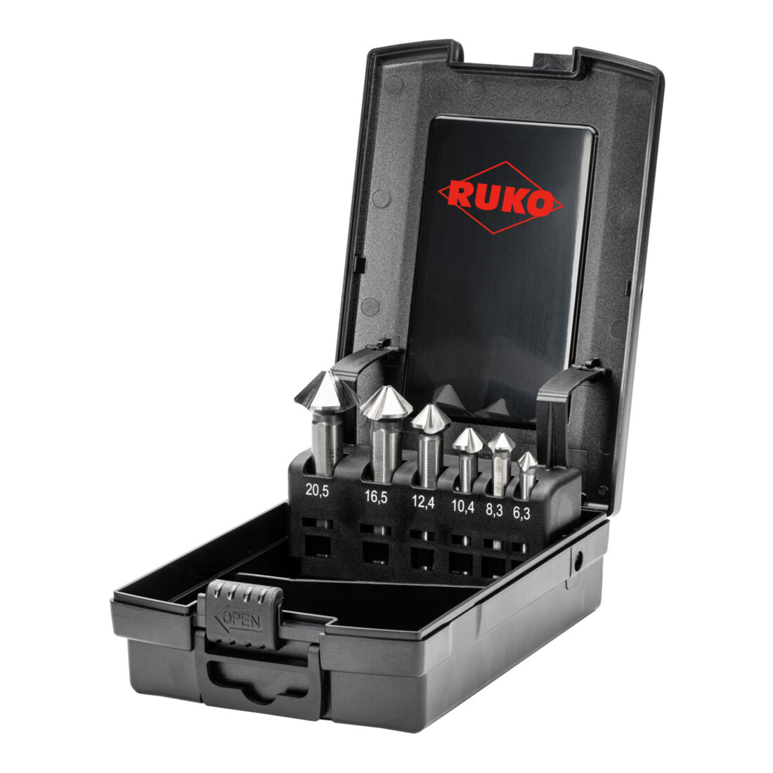 RUKO Jeu de fraises coniques et ébavureuses ULTIMATECUT DIN 335 Forme C 90° HSS en coffret ABS 6 pièces