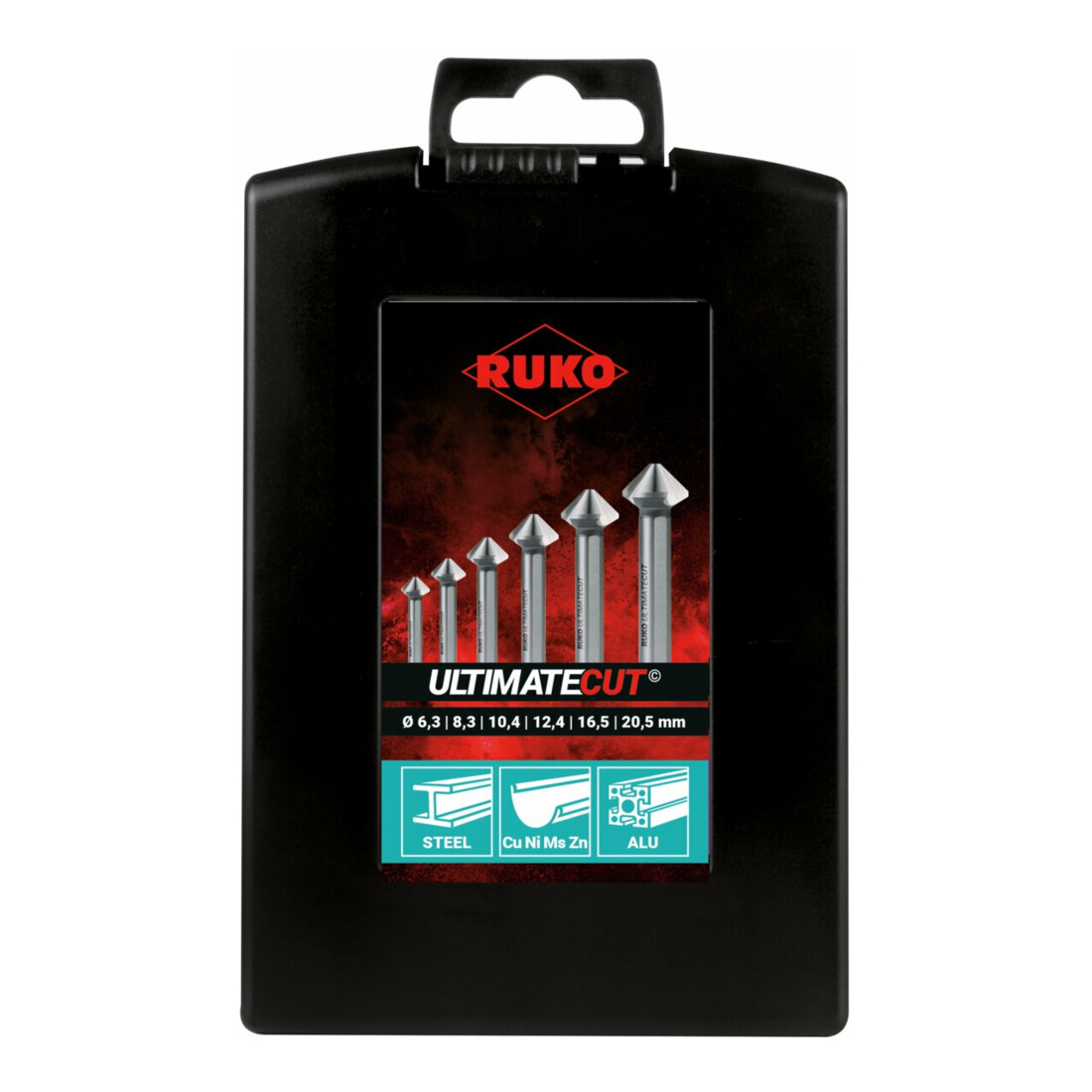 RUKO Jeu de fraises coniques et ébavureuses ULTIMATECUT DIN 335 Forme C 90° HSS en coffret ABS 6 pièces