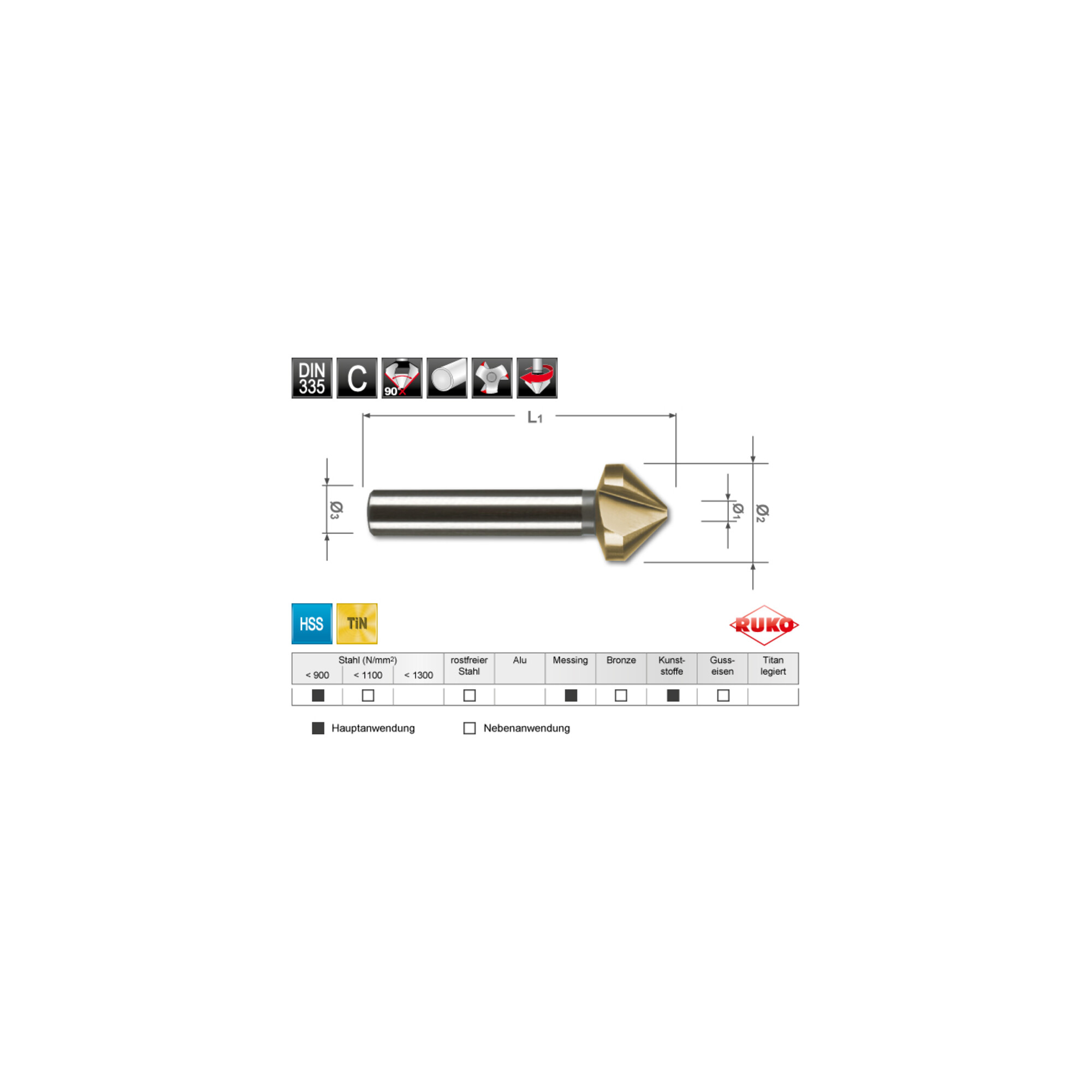 RUKO Kegel- und Entgratsenker DIN 335 Form C 90° HSS-TiN, geschliffen Senkdurchmesser Ø2: 8,3 mm