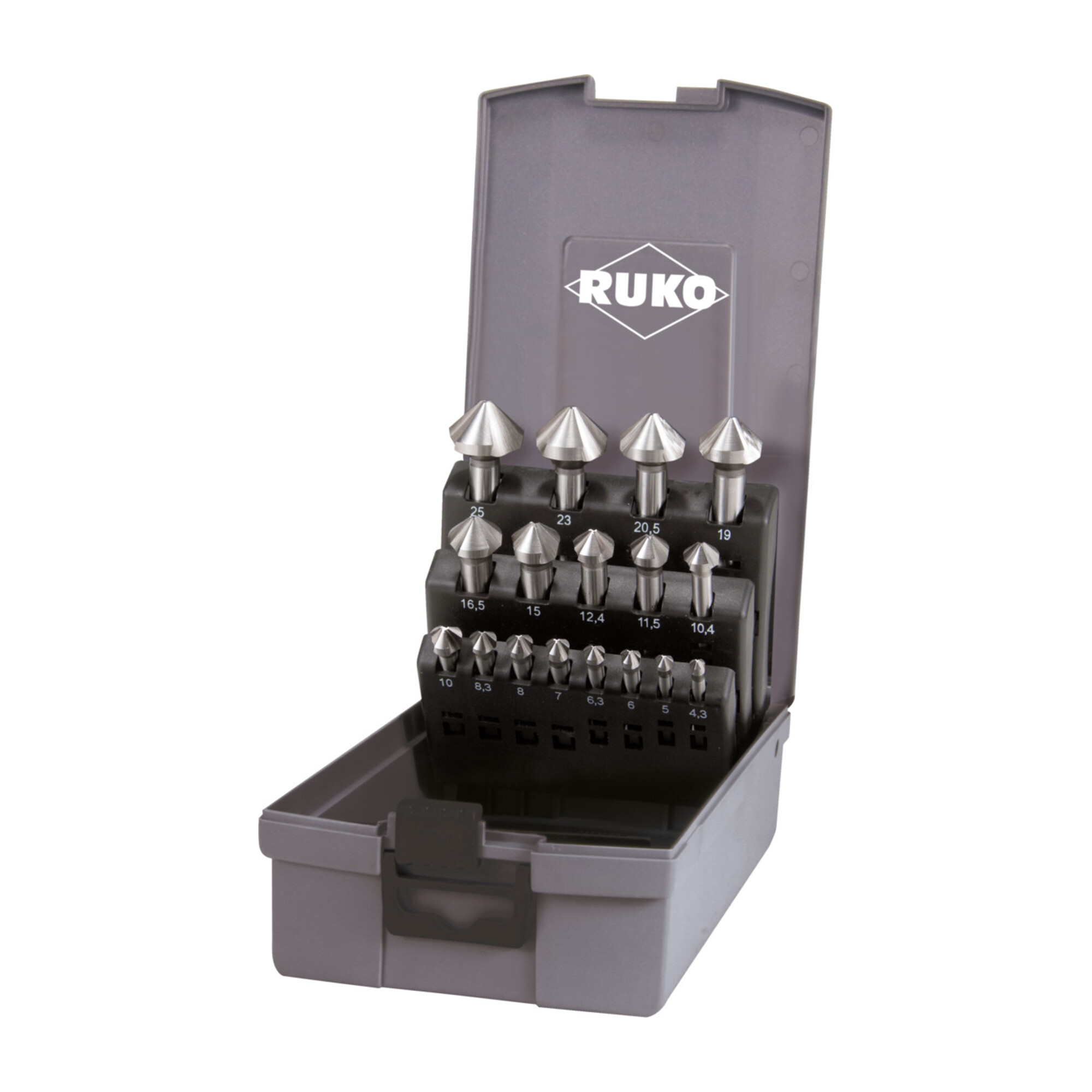 RUKO Kegel- und Entgratsenker-Satz DIN 335 Form C 90 Grad HSS in ABS-Kunststoffkassette 17-teilig