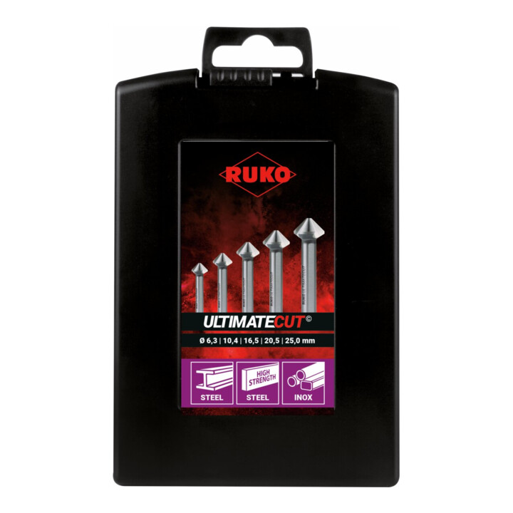 RUKO Kegel- und Entgratsenker-Satz ULTIMATECUT DIN 335 Form C 90 Grad HSS Co 5 in ABS-Kunststoffkassette 5-teilig