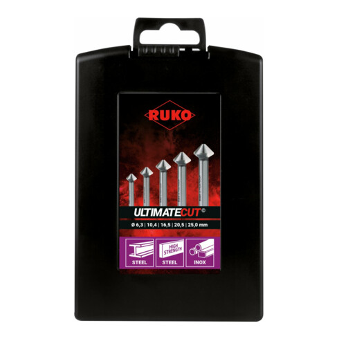 RUKO Kegel- und Entgratsenker-Satz ULTIMATECUT DIN 335 Form C 90 Grad HSS Co 5 in ABS-Kunststoffkassette 5-teilig