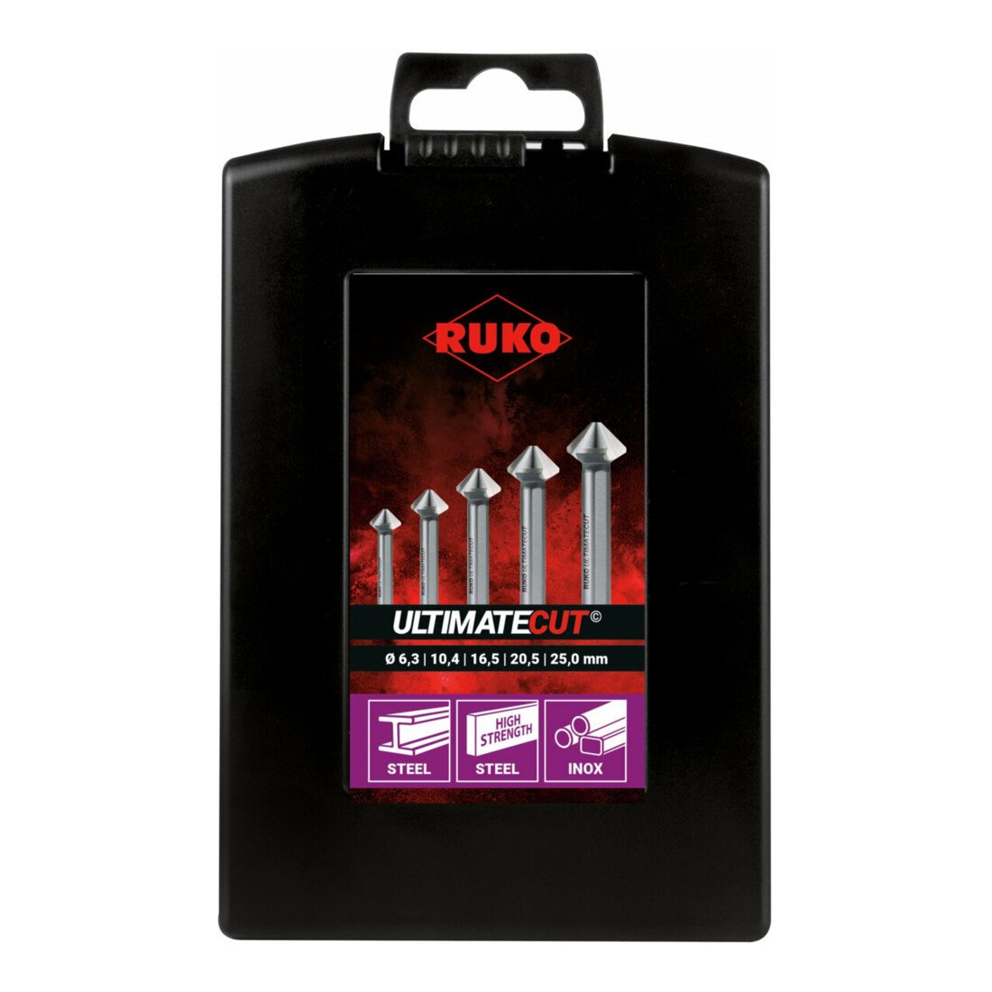 RUKO Kegel- und Entgratsenker-Satz ULTIMATECUT DIN 335 Form C 90 Grad HSS Co 5 in ABS-Kunststoffkassette 5-teilig