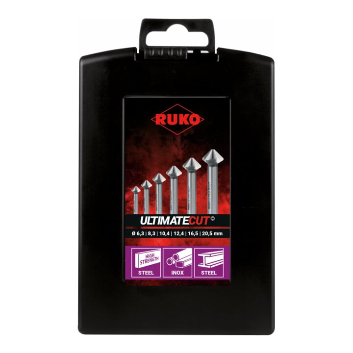 RUKO Kegel- und Entgratsenker-Satz ULTIMATECUT DIN 335 Form C 90 Grad HSS Co 5 in ABS-Kunststoffkassette 6-teilig