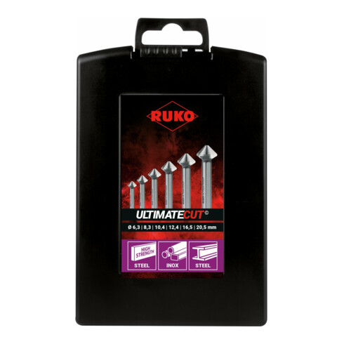 RUKO Kegel- und Entgratsenker-Satz ULTIMATECUT DIN 335 Form C 90 Grad HSS Co 5 in ABS-Kunststoffkassette 6-teilig