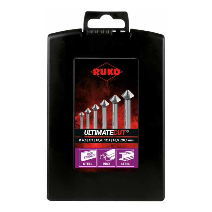 RUKO Kegel- und Entgratsenker-Satz ULTIMATECUT DIN 335 Form C 90 Grad HSS Co 5 in ABS-Kunststoffkassette 6-teilig