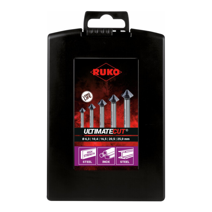 RUKO Kegel- und Entgratsenker-Satz ULTIMATECUT DIN 335 Form C 90 Grad HSS Co 5 RUnaTEC in ABS-Kunststoffkassette 6,3 - 25 mm