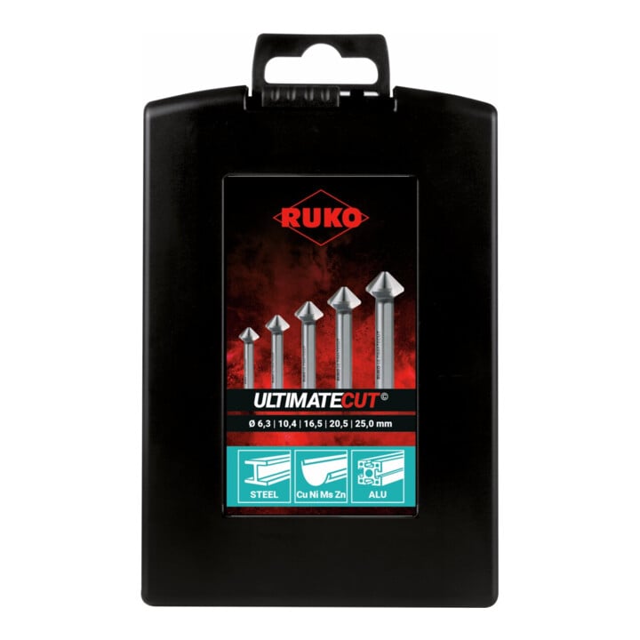 RUKO Kegel- und Entgratsenker-Satz ULTIMATECUT DIN 335 Form C 90 Grad HSS in ABS-Kunststoffkassette 5-teilig