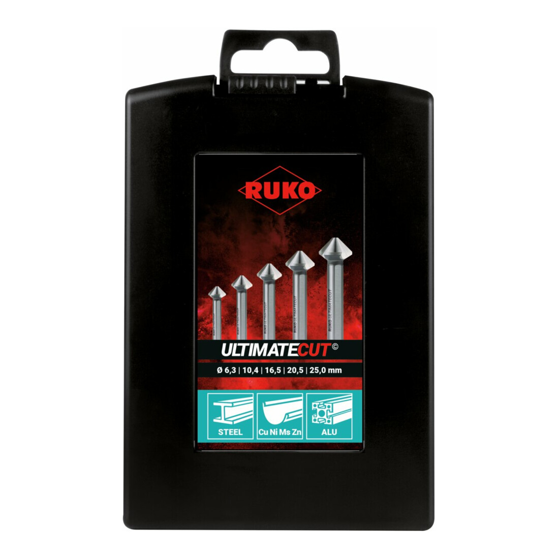 RUKO Kegel- und Entgratsenker-Satz ULTIMATECUT DIN 335 Form C 90 Grad HSS in ABS-Kunststoffkassette 5-teilig