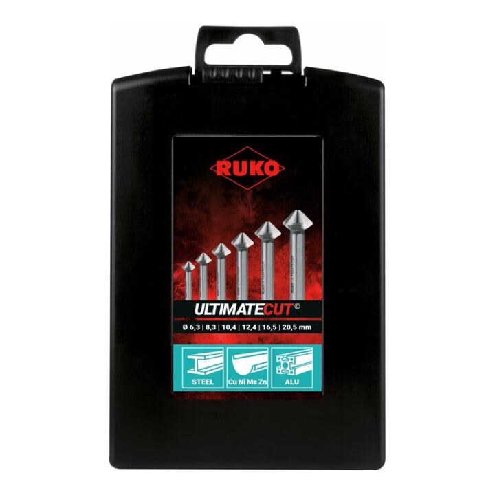 RUKO Kegel- und Entgratsenker-Satz ULTIMATECUT DIN 335 Form C 90 Grad HSS in ABS-Kunststoffkassette 6-teilig