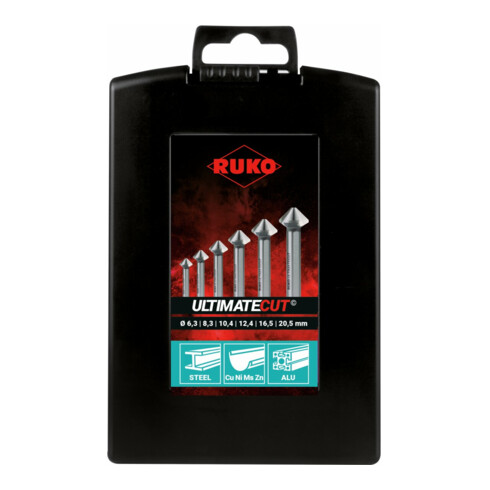 RUKO Kegel- und Entgratsenker-Satz ULTIMATECUT DIN 335 Form C 90 Grad HSS in ABS-Kunststoffkassette 6-teilig