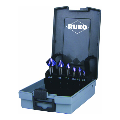 RUKO Kegelsenkersatz DIN335 C 90Grad 6,3-20,5mm HSS TiAlN Z.3 6tlg.Ku.-Kassette
