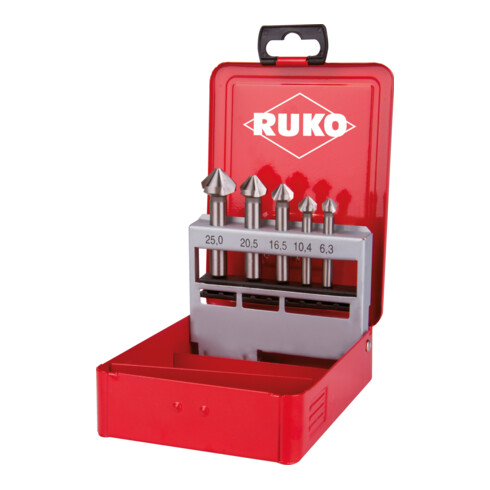 RUKO Kegelsenkersatz DIN335 C 90Grad 6,3-25mm HSS f.Alu Z.3 5tlg.Metallkassette