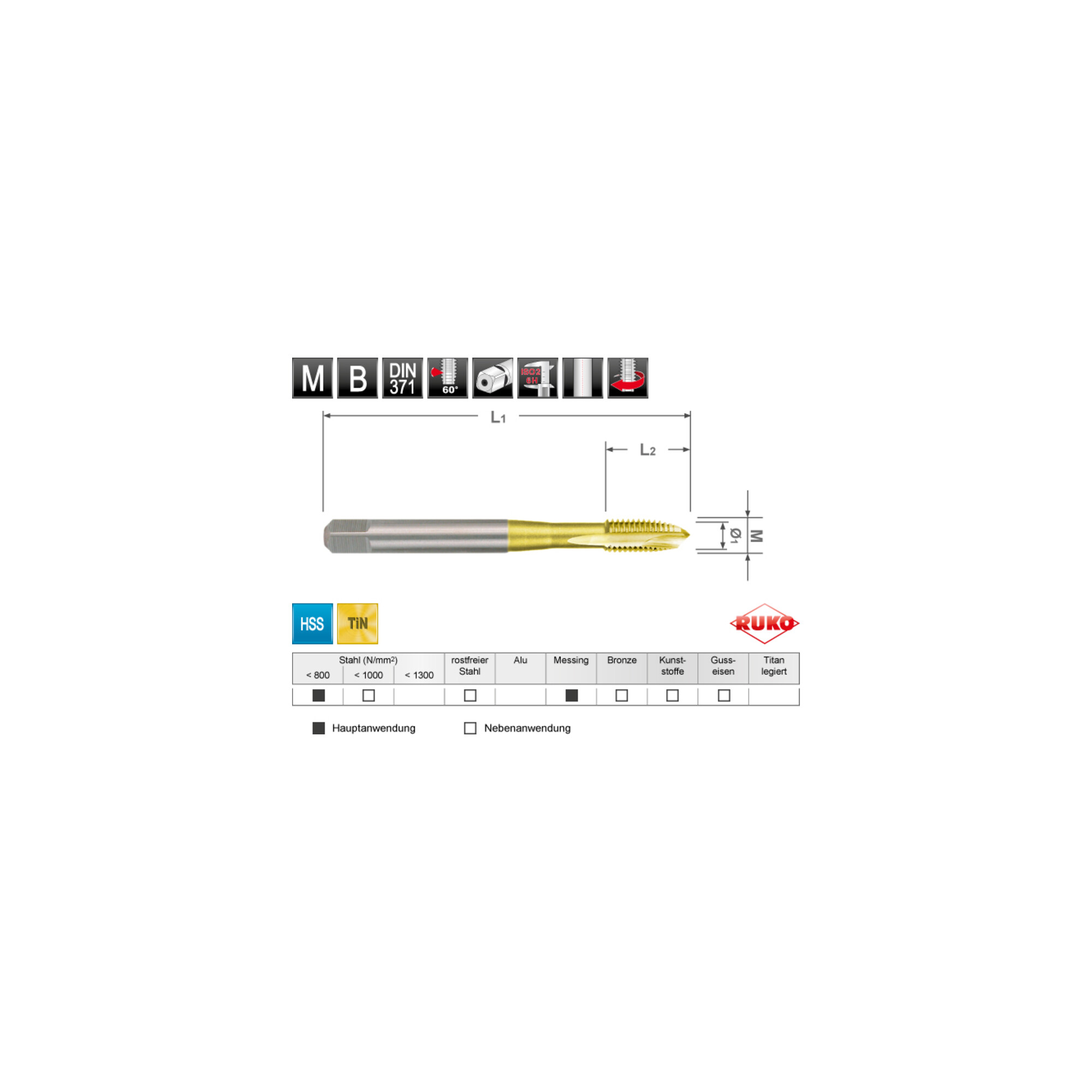 RUKO Maschinengewindebohrer M DIN 371 HSS-TiN, Form B, M 3