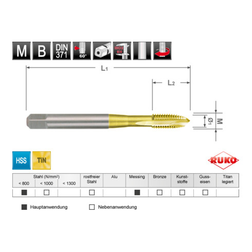 Ruko Maschinengewindebohrer M DIN 371 HSS-TiN, Form B