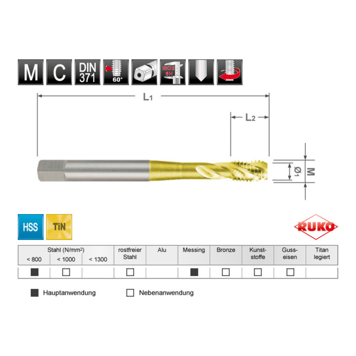 RUKO Maschinengewindebohrer-Modul M DIN 371 / 376 HSS + HSS Co 5 + HSS-TiN Form C / 35° RSP