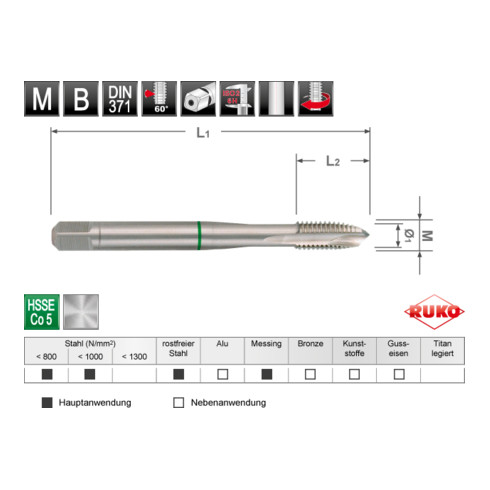 Ruko Maschinengewindebohrer-Modul M DIN 371 / 376 HSS + HSS Co 5 + HSS-TiN geschliffen, Form B in Quadro Pack