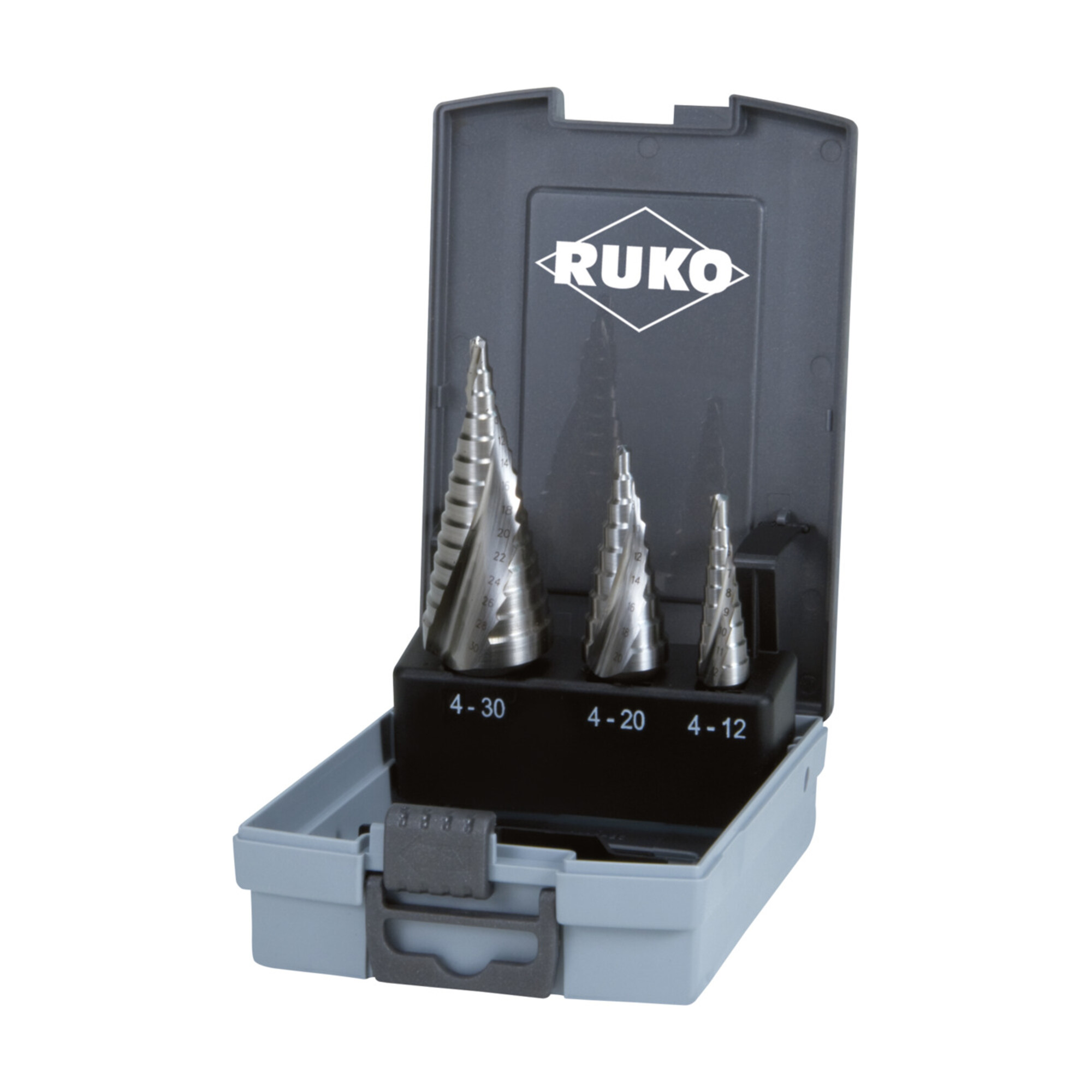 RUKO Mehrstufenbohrersatz D.4-12/4-20/4-30mm HSS Spiralnut 3tlg.Ku.-Kassette