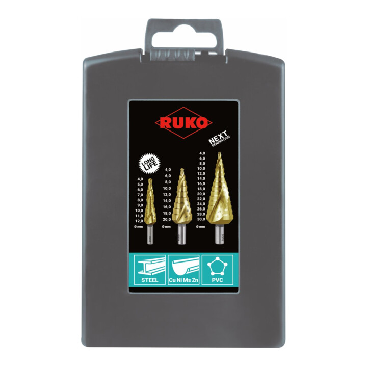 RUKO Multi-stap boorset D.4-12/4-20/4-30mm HSS-TiN Spiraalgroef 3dlg. plastic cassette