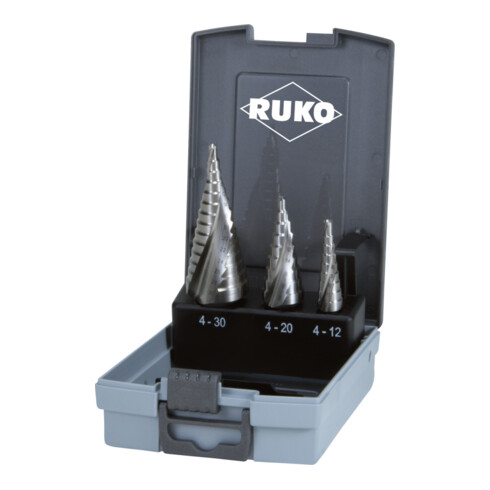 RUKO Multi-stappen boorset D.4-12/4-20/4-30mm HSS spiraalgroef 3dlg. plastic cassette