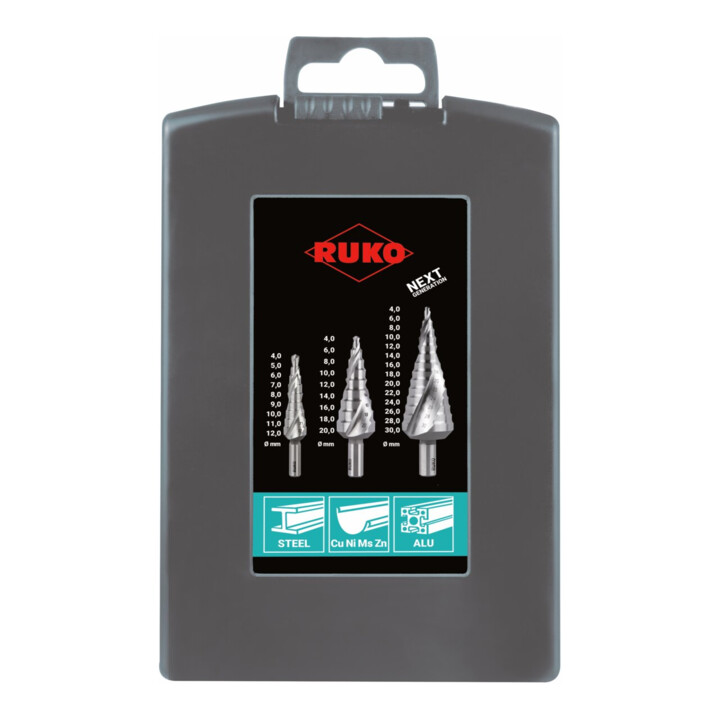 RUKO Multi-stappen boorset D.4-12/4-20/4-30mm HSS spiraalgroef 3dlg. plastic cassette