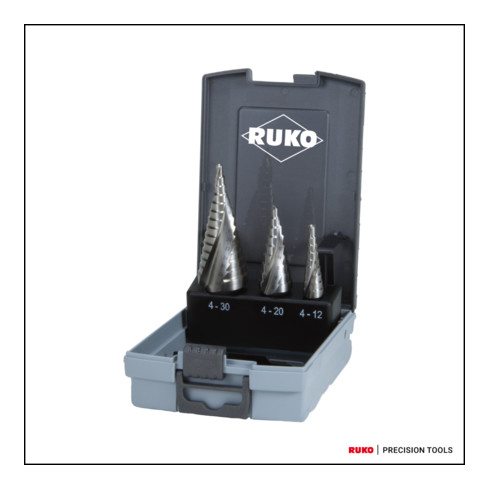 RUKO Multi-stappen boorset D.4-12/4-20/4-30mm HSS spiraalgroef 3dlg. plastic cassette