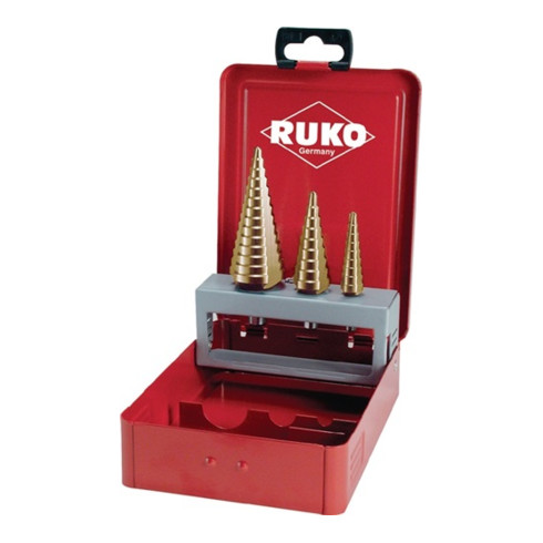 RUKO Set de forets étagés D 4-12/4/4-20/4/4-30mm HSS-TiN droit rainuré 3 pcs. boîte métallique