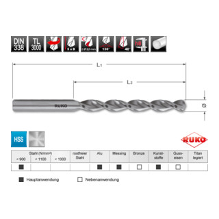 Ruko Spiralbohrer DIN 338 TL 3000 D.10,4mm Spiral-L.87mm HSS