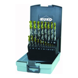 RUKO Spiralbohrersatz DIN 338 Typ N HSS G TiN in Kunststoffkassette (ABS) Spiralwinkel 25 - 30