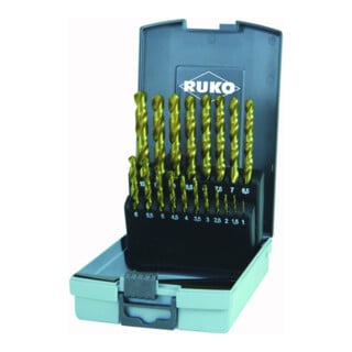 RUKO Spiralbohrersatz DIN 338 Typ N HSS G TiN in Kunststoffkassette Durchmesser 1,0 mm