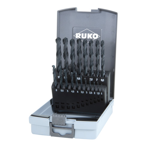RUKO Spiralbohrersatz DIN 338 Typ N HSS R in Kunststoffkassette (ABS)