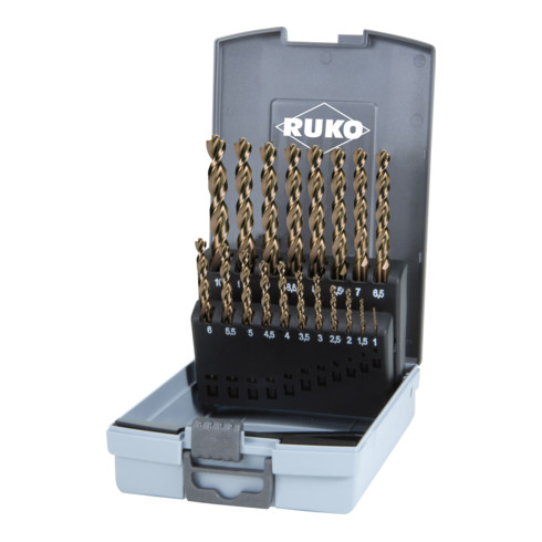 RUKO Spiralbohrersatz DIN 338 Typ TURBO HSS G in Kunststoffkassette (ABS) rechtschneidend golden