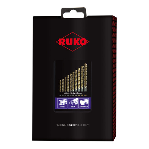 RUKO Spiralbohrersatz DIN 338 Typ UNI HSSE Co 5 in Kunststoffkassette (ABS) 19-teilig