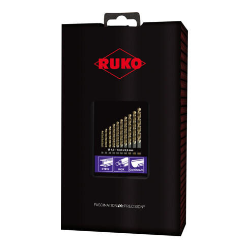 RUKO Spiralbohrersatz DIN 338 Typ UNI HSSE Co 5 in Kunststoffkassette (ABS) 25-teilig