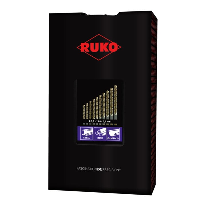 RUKO Spiralbohrersatz DIN 338 Typ UNI HSSE Co 5 in Kunststoffkassette (ABS) 25-teilig