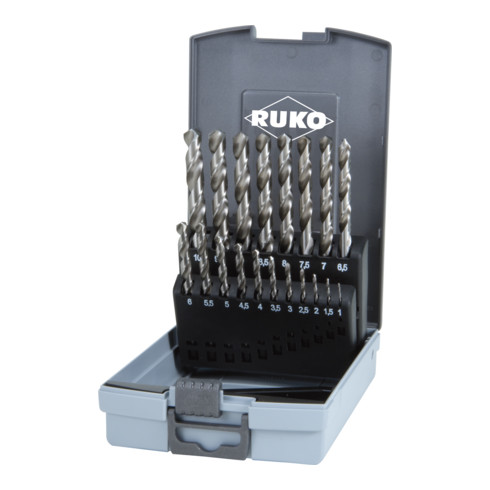 RUKO Spiralbohrersatz DIN 338 Typ VA HSSE Co 5 in Kunststoffkassette (ABS) 19-teilig