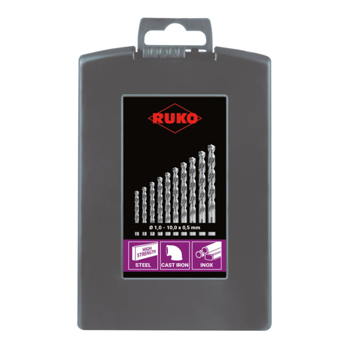 RUKO Spiralbohrersatz DIN 338 Typ VA HSSE Co 8 in Kunststoffkassette (ABS) 19-teilig