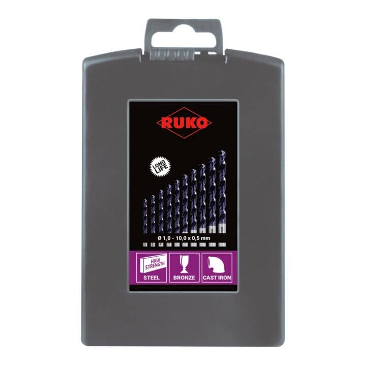 RUKO Spiralbohrersatz DIN 338 Typ VA HSSE Co 8 TiAlN in Kunststoffkassette (ABS) 19-teilig
