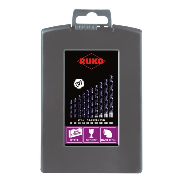 RUKO Spiralbohrersatz DIN 338 Typ VA HSSE Co 8 TiAlN in Kunststoffkassette (ABS) 25-teilig